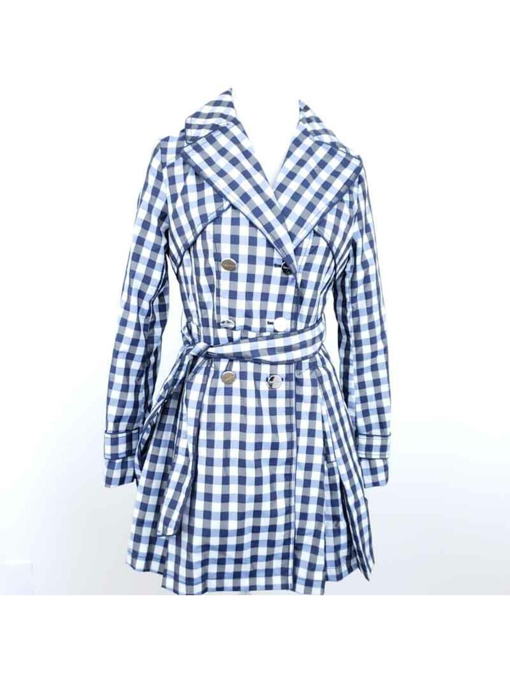 NEW Laundry Shelli Segal Rain Coat Water Resistant Gingham Blue Gray XS XSMALL
